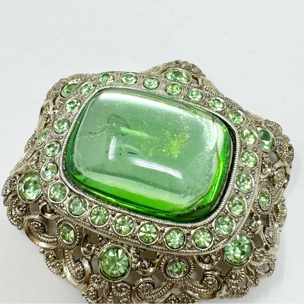 West Germany Pale Green Victorian Style Vintage Brooch Very Lightweight Metal